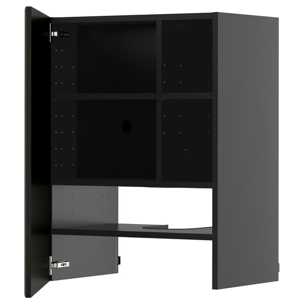 Black METOD kitchen cabinet with adjustable shelves and beveled edges.