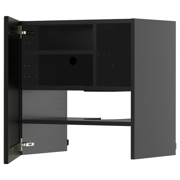 Black kitchen cabinet with two open doors revealing shelves. Modern design, metal hinges, adjustable shelves, and a sturdy frame.