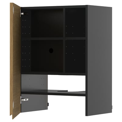 Gray METOD kitchen unit with oak door, minimalist & warm, vertical storage.