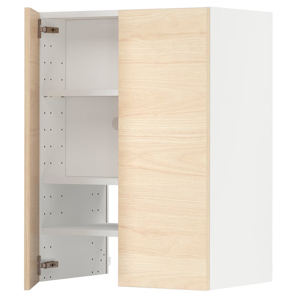 A METOD kitchen cabinet with a light ash wood door, featuring a three-shelf interior and sturdy frame construction.