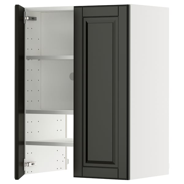 A black METOD kitchen cabinet with a beveled edge, open to display its adjustable shelves.