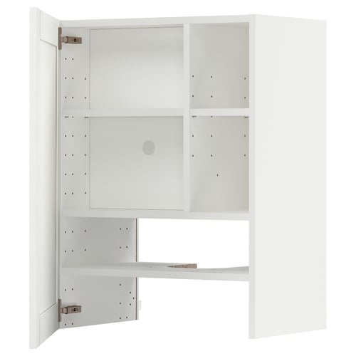 White METOD kitchen cabinet, classic wood grain design, multiple shelves.