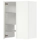 White wall cabinet with adjustable shelves, metal hinges.