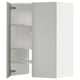 White METOD kitchen cabinet, minimalist design, open door, adjustable shelves, grey interior.