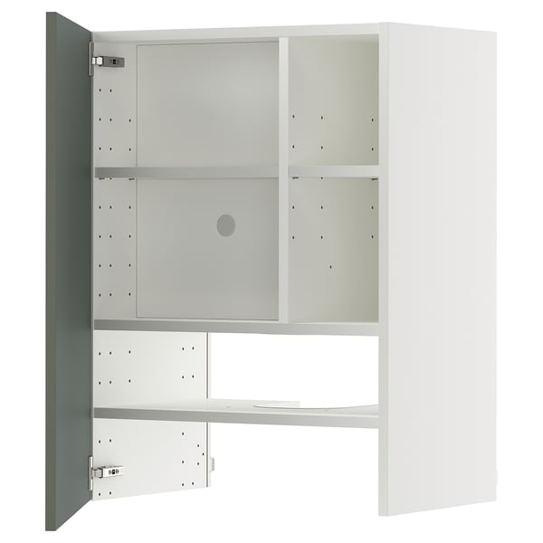 Open white cabinet with grey-green door, metal hinges, adjustable shelves.