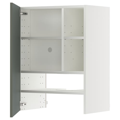 Open white cabinet with grey-green door, metal hinges, adjustable shelves.