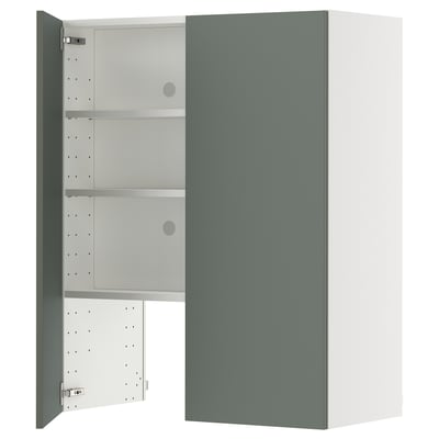A greenish-gray METOD cabinet with adjustable shelves. Its modern and versatile for kitchens.