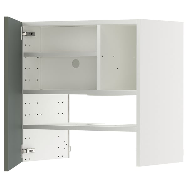 Modern kitchen cabinet in grey-green, featuring adjustable shelves and sturdy frame construction.