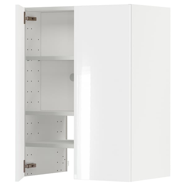Information: this is a white METOD kitchen cabinet with high-gloss grey front, featuring adjustable shelves and snap-on hinges.