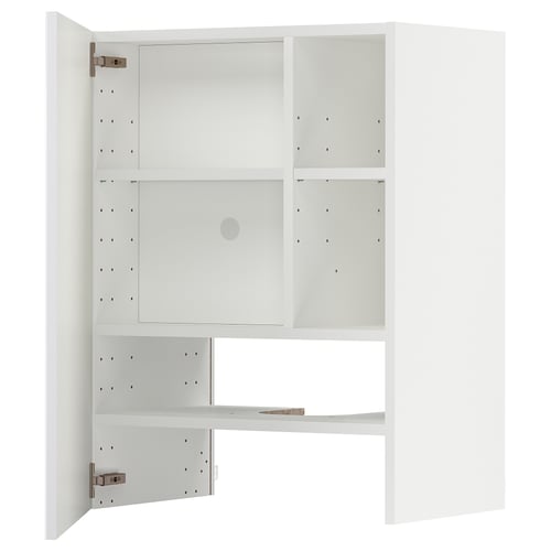 White modern kitchen cabinet, glossy finish, square shape with adjustable shelves, minimalist design.