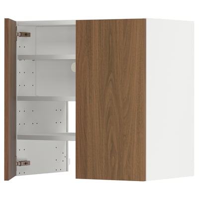 A modern wooden cabinet with adjustable shelves and metal hinges. It a walnut finish and a minimalist design, perfect for a kitchen or bathroom.