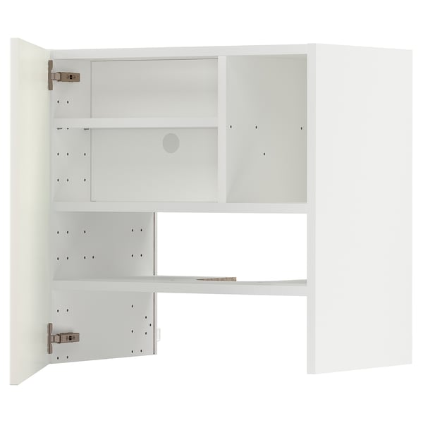An open white METOD kitchen cabinet with adjustable shelves and hinges.