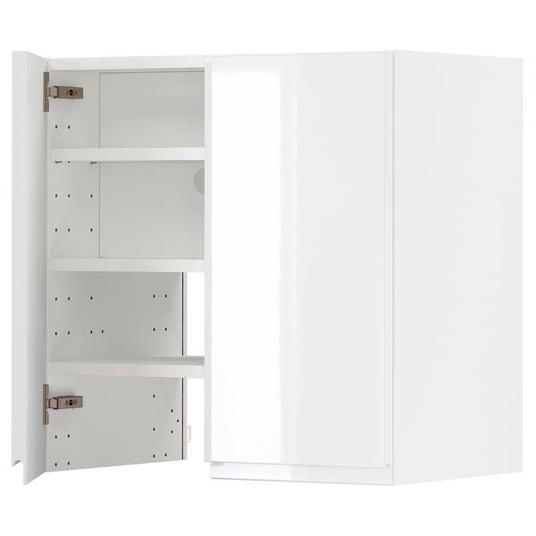 White METOD kitchen cabinet, glossy finish, rectangular shape, with two open shelves.