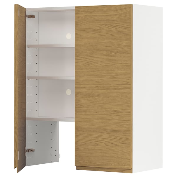 A wooden kitchen cabinet with open and closed white interior compartments, featuring modern minimalist design.