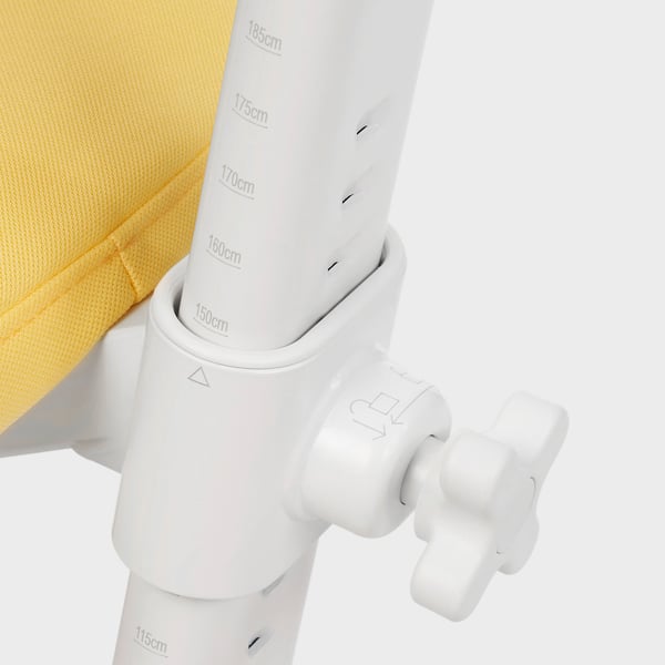 Adjustable white height mechanism on a yellow desk, marked with measurements from 115cm to 185cm.