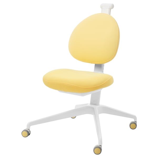 Bright yellow office chair with white frame, five wheels, and rounded edges. Ergonomic design for comfort.