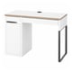 MICKE white desk: modern minimalist design, rectangular shape, white finish, steel and particleboard construction, cable management system.
