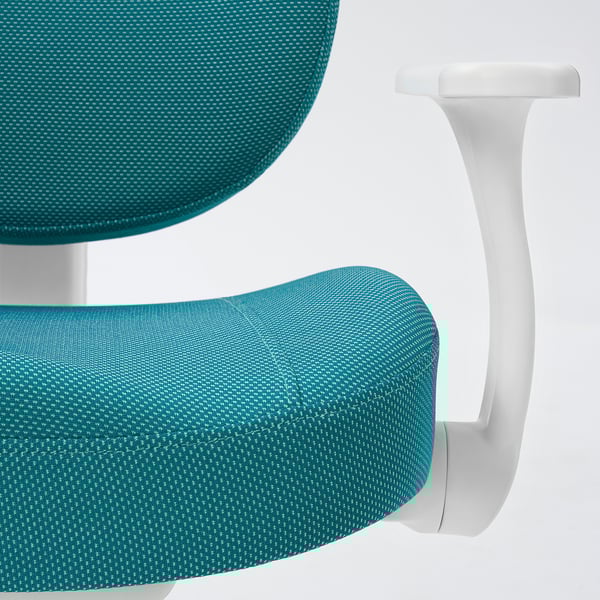 Close-up of teal mesh office chair with white armrests and adjustable height.