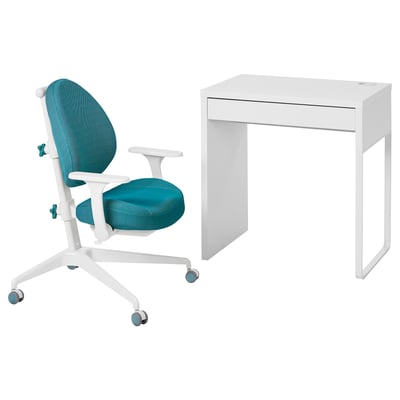 White desk with single drawer, beside teal mesh back chair with white frame.