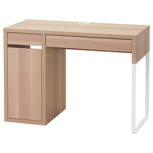 MICKE: light wood desk with drawers and cabinet. Modern, functional design. White legs.