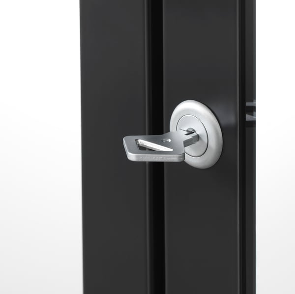 A sleek black MILSBO glass-door cabinet, featuring a modern silver handle and lock for secure storage.