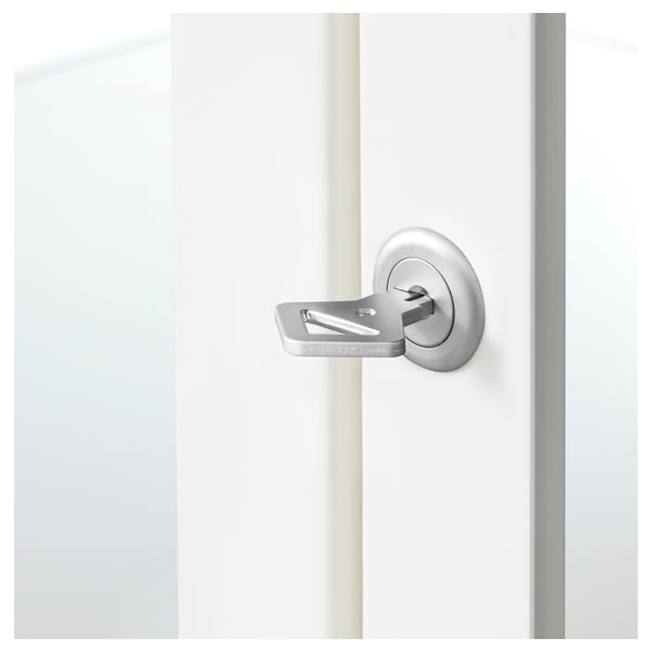 Silver lock on a white glass-door cabinet, showcasing clear design and robust construction for security and visibility.