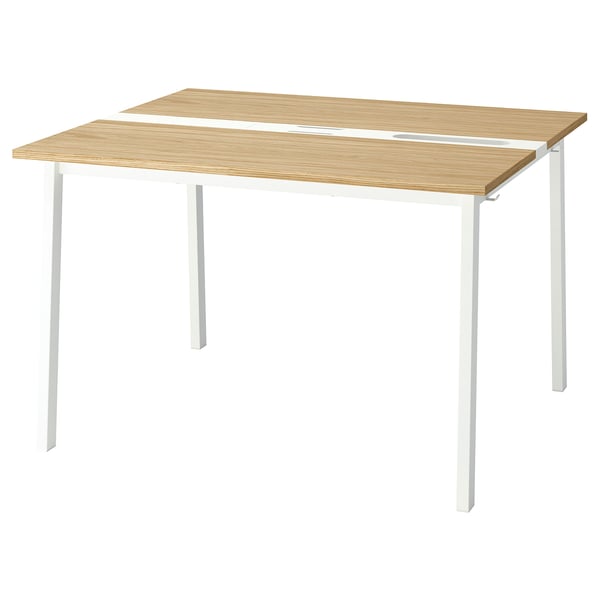 A MITTZON conference table with a light wood top and white legs, featuring cable management.