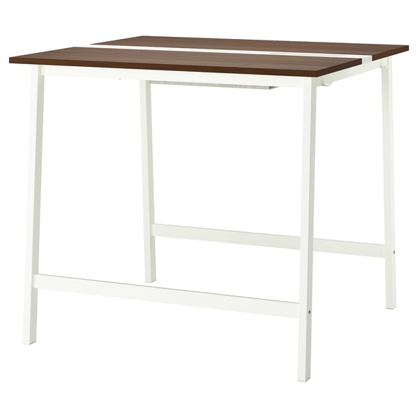MITTZON: brown-topped white metal conference table with leg support, ideal for standing or sitting meetings.