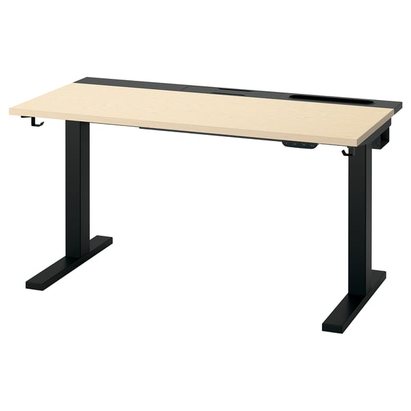 MITTZON desk: modern, height-adjustable. Light wood top, black legs. Adjusts with dual motors. Sleek, ergonomic design.
