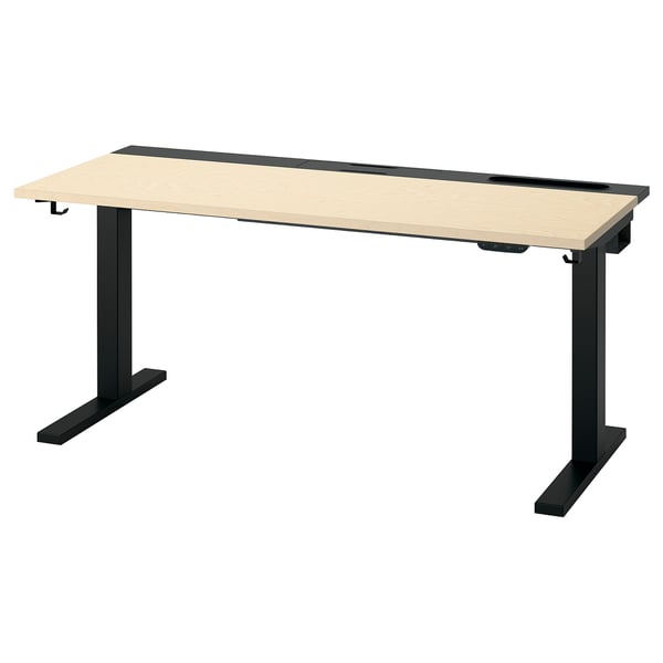 MITTZON sit-stand desk, light wood top, black legs, adjustable height, modern office furniture.