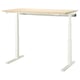 An MITTZON sit/stand desk with a light wood top and white legs. It is adjustable and ergonomic.