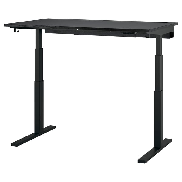 MITTZON black sit-stand desk, sleek modern design with adjustable height, sturdy legs, and built-in cable management.
