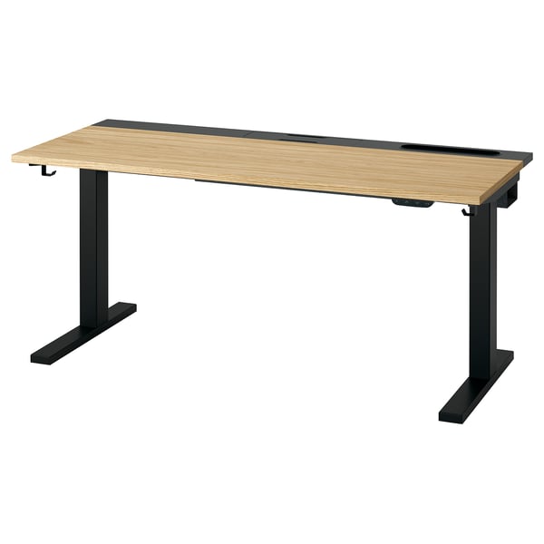MITTZON desk: brown wood top, black metal legs, adjustable height.