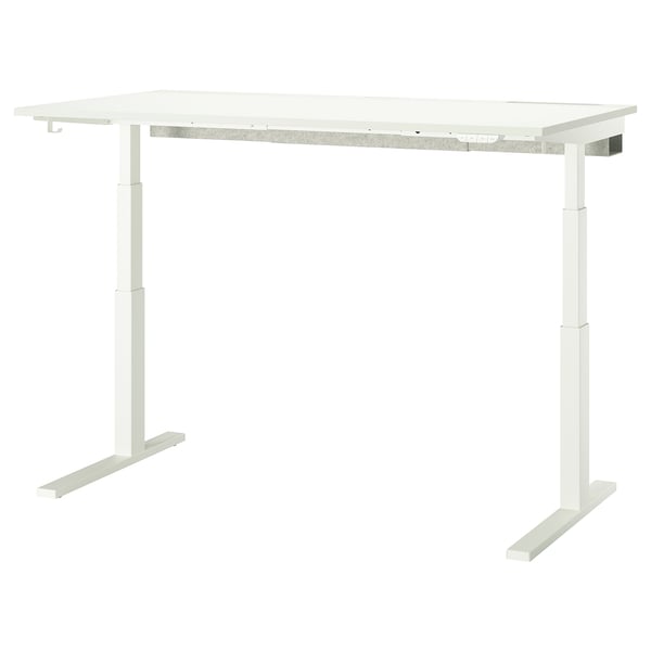 MITTZON sit/stand desk. White, l-shaped, metallic base, adjustable height.