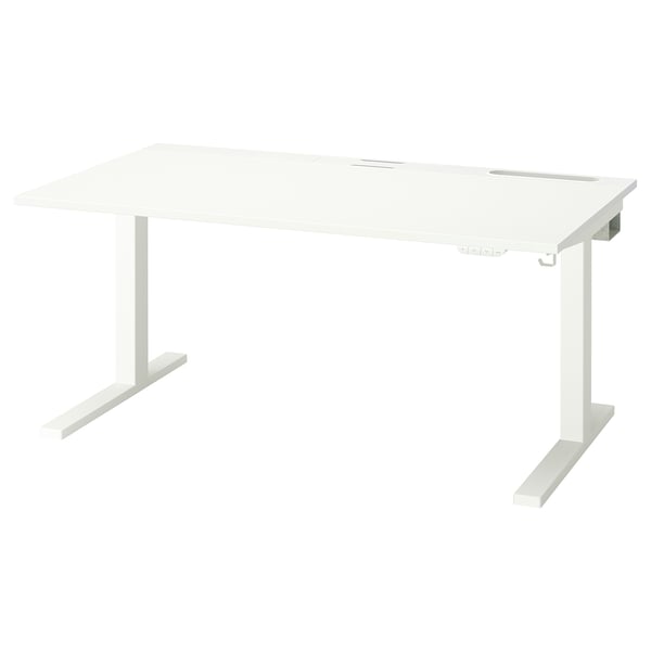 MITTZON white desk with sit-stand feature, rectangular top, adjustable legs, dual motors, and cable management tray.