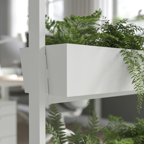 Wall-mounted plant containers divide workspace, adding greenery for focus and well-being.
