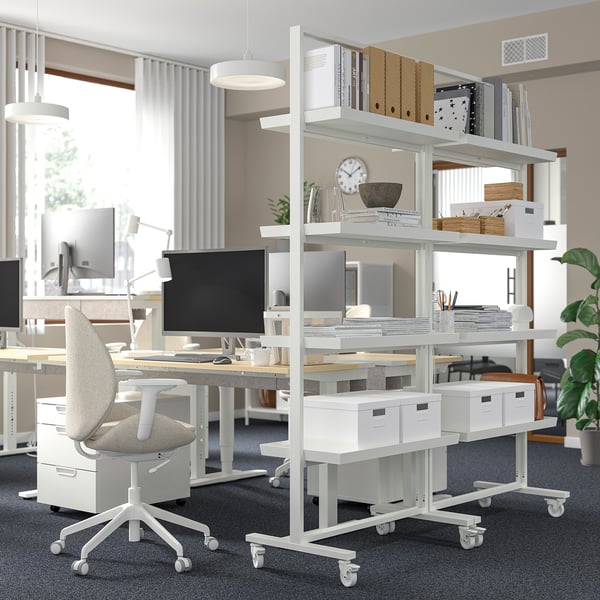 MITTZON, white metal shelving unit with multiple shelves, larger than office chair, divides workspace.