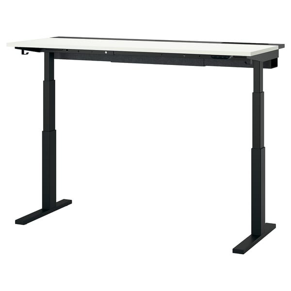 The MITTZON desk is black with a light-colored top, featuring a sleek, rectangular shape and adjustable legs.