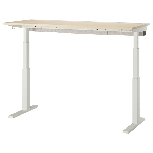 MITTZON desk, light beige top, white legs, rectangular, height adjustable, minimalist design.