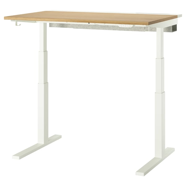 MITTZON desk: white metal legs, oak top, rectangular, minimalist design.