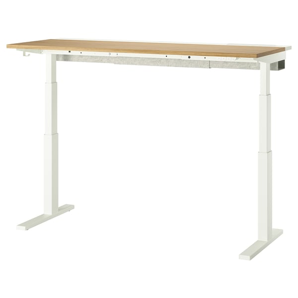 MITTZON desk, white w/ oak top, adjustable height, modern minimalist design.