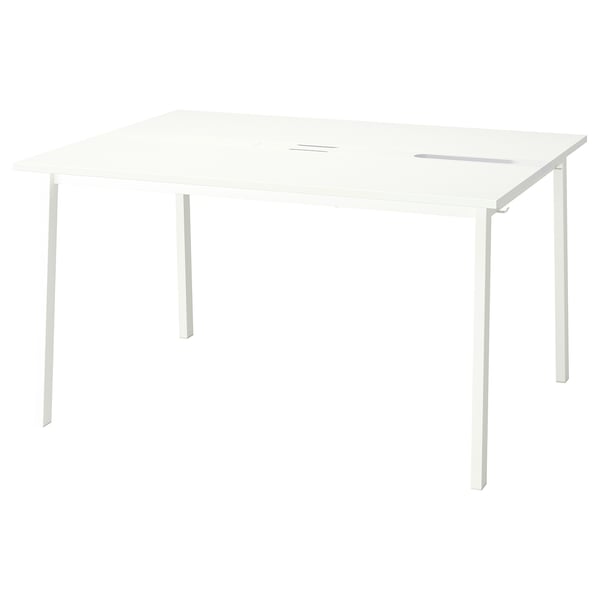 MITTZON white office table, rectangular, melamine foil surface, cleanable, four white metal legs.