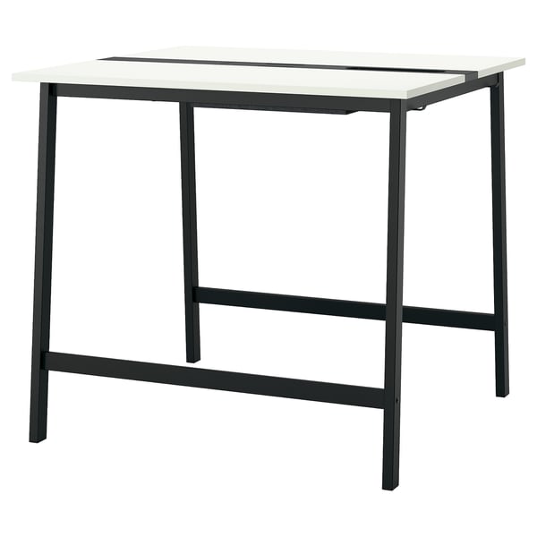 MITTZON desk: square, white top, black metal legs, modern minimalist design.