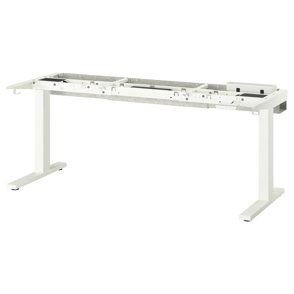 MITTZON white adjustable sit-stand desk base, hooks, metal legs, and cable management.