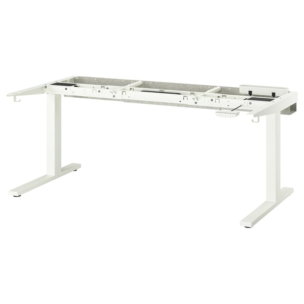 MITTZON white adjustable desk stand. Metal and plastic framework. Hooks for storage. Sleek, modern design.