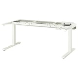 MITTZON white adjustable desk stand. Metal and plastic framework. Hooks for storage. Sleek, modern design.
