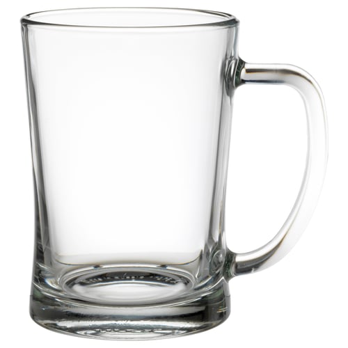Clear MJÖD glass mug with handle, tapered shape, transparent, made of glass, commonly used for beer.
