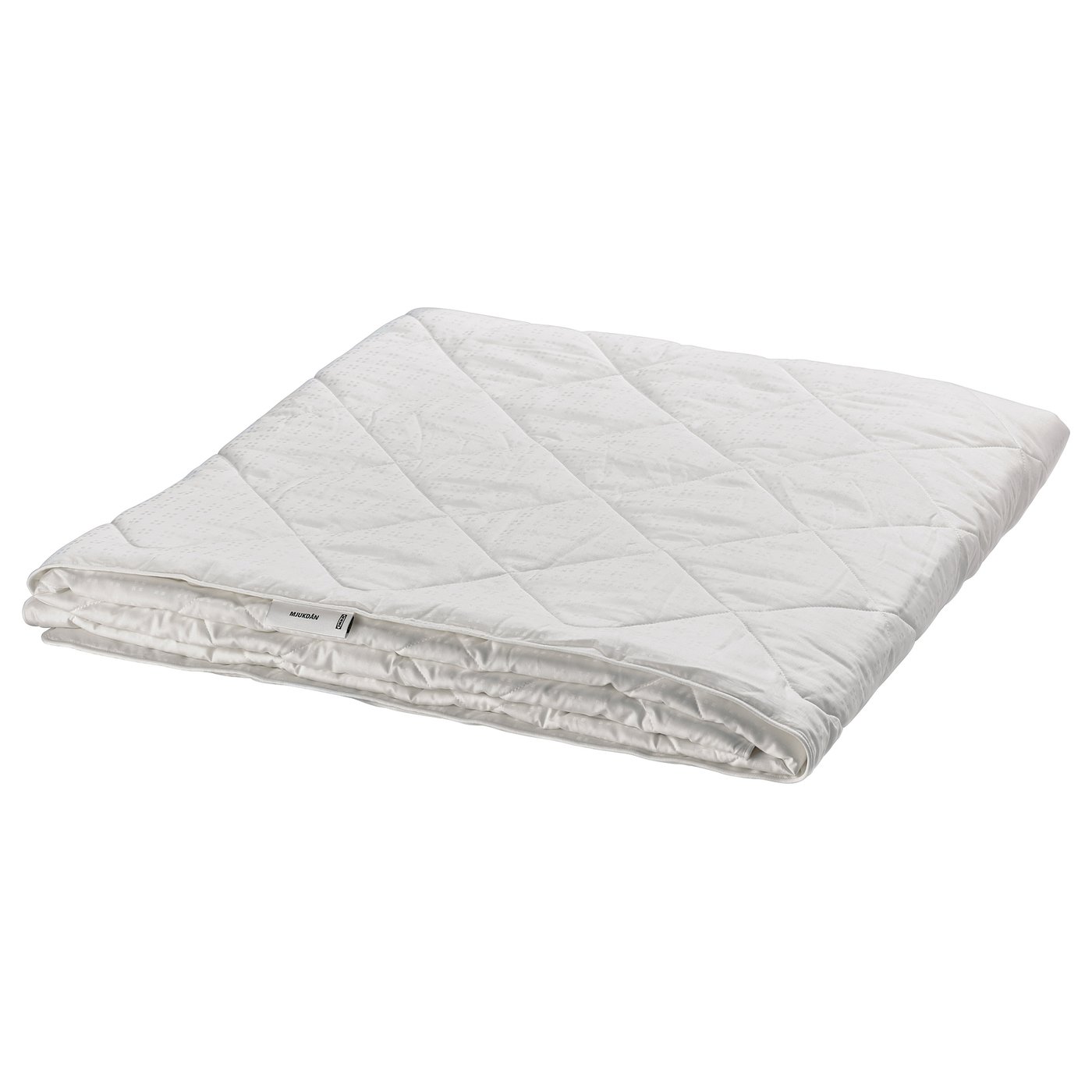 An MJUKDÅN duvet in white, made of cotton and silk, square-shaped, with a diamond-patterned design.