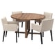A MÖRBYLÅNGA dining set with a round, wooden table and four beige chairs with fabric upholstery.