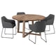 A modern MÖRBYLÅNGA dining set with a round wooden table and four grey upholstered chairs with metal legs.